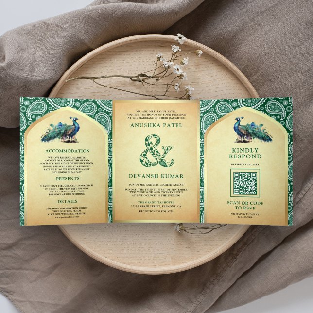 Green Paisley Indian Peacock QR Code Wedding Tri-Fold Invitation (Creator Uploaded)