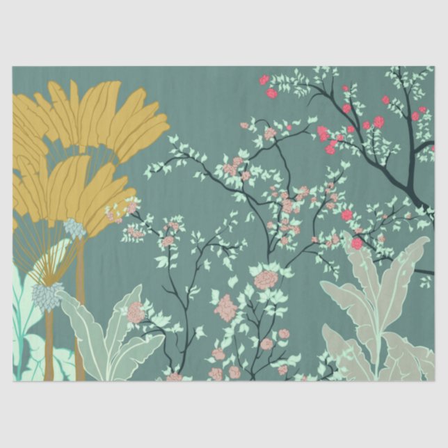 Green Palm Chinoiserie Floral Tissue Paper (Front)