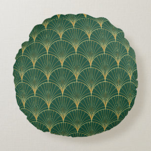 Green Palm Leaf Art Deco Round Pillow