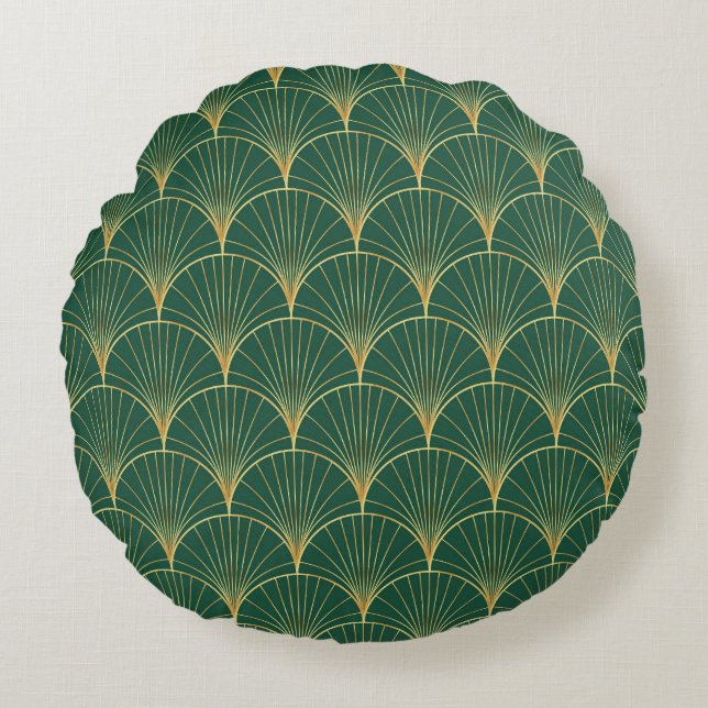 Green Palm Leaf Art Deco Round Pillow (Front)