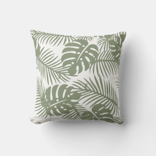 Green Palm Leaf Design on White Background Throw Pillow