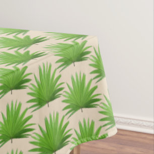 Green Palm Leaf Pattern on Light Beige Tablecloth