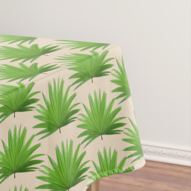 Green Palm Leaf Pattern on Light Beige Tablecloth (In Situ)