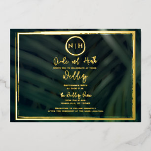Green Palm Leaf Tropical Wedding Gold Foil Invitation