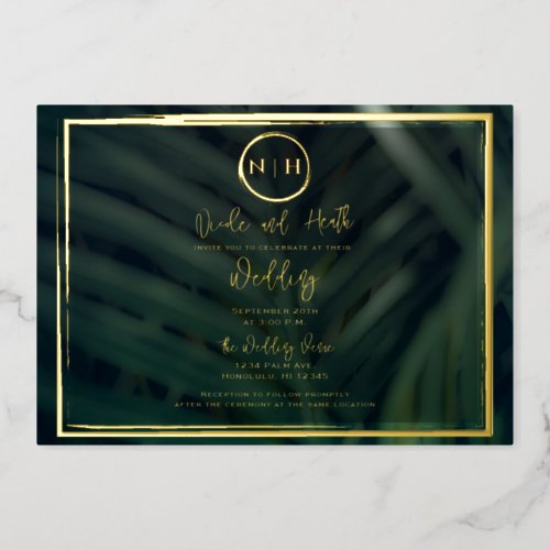 Green Palm Leaf Tropical Wedding Gold Foil Invitation