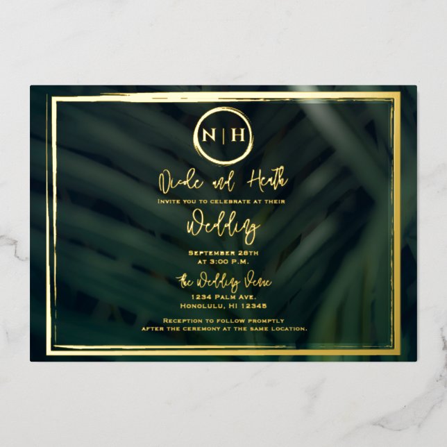 Green Palm Leaf Tropical Wedding Gold Foil Invitation (Front)