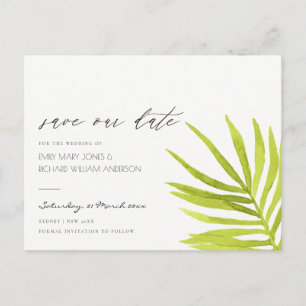 GREEN PALM LEAF WATERCOLOUR FOLIAGE SAVE THE DATE ANNOUNCEMENT POSTCARD