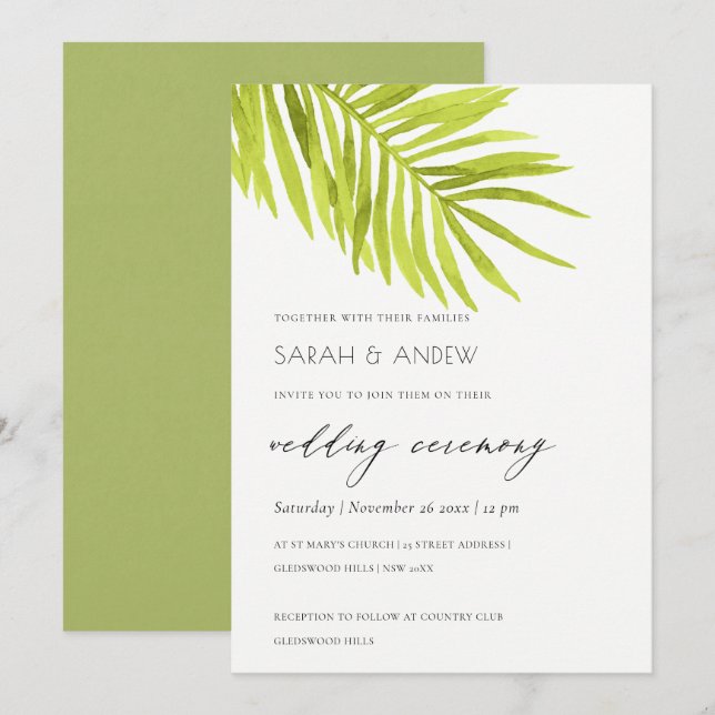 GREEN PALM LEAF WATERCOLOUR FOLIAGE WEDDING INVITATION (Front/Back)