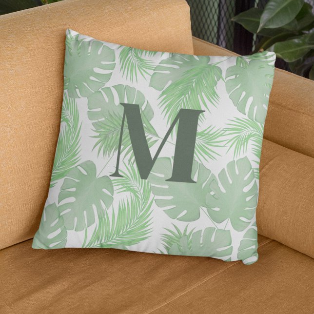 Green Palm Leaves Custom Monogram Throw Pillow (palm leaves monogram pillow)