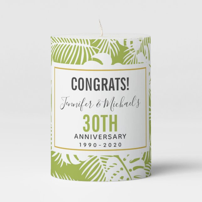 Green Palm Leaves Jungle Pattern Anniversary Pillar Candle (Front)
