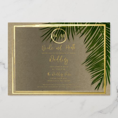 Green Palm Leaves Kraft Tropical Wedding Gold  Foil Invitation