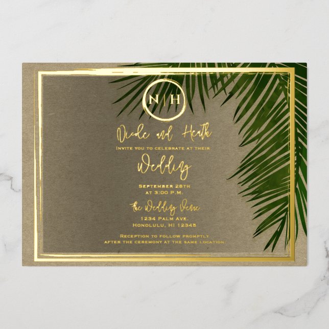Green Palm Leaves Kraft Tropical Wedding Gold  Foil Invitation (Front)