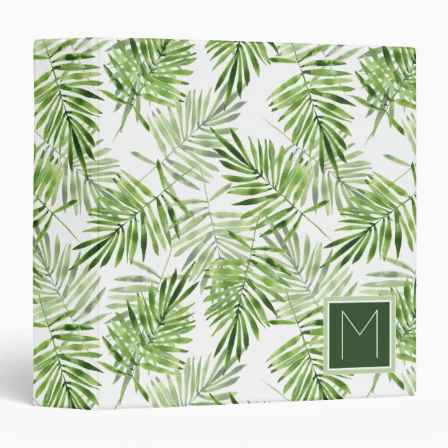Green Palm Leaves | Monogram 3 Ring Binder (Front/Spine)
