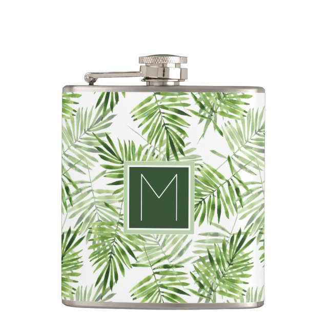 Green Palm Leaves | Monogram Flask (Front)