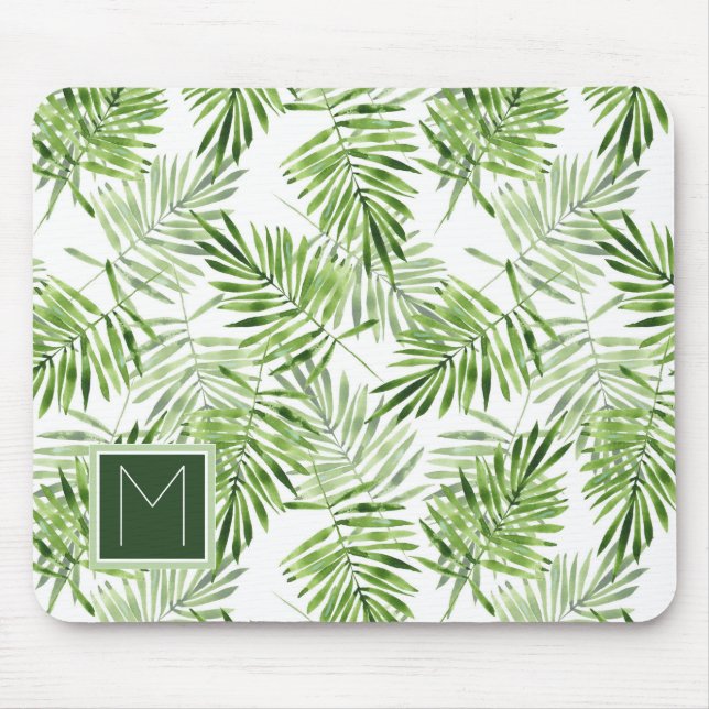 Green Palm Leaves | Monogram Mouse Pad (Front)