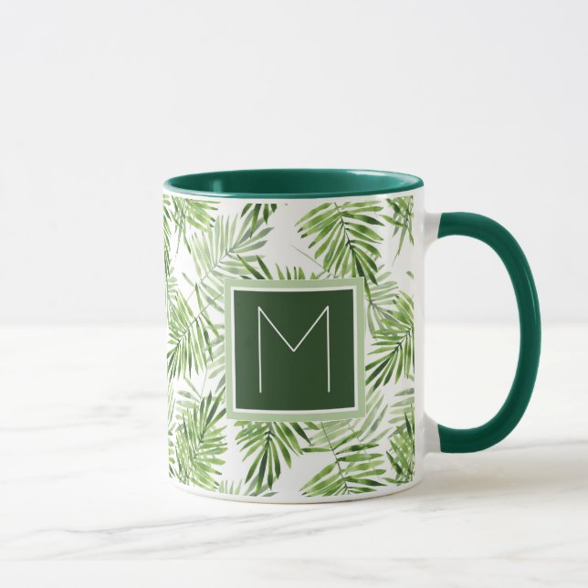 Green Palm Leaves | Monogram Mug (Right)