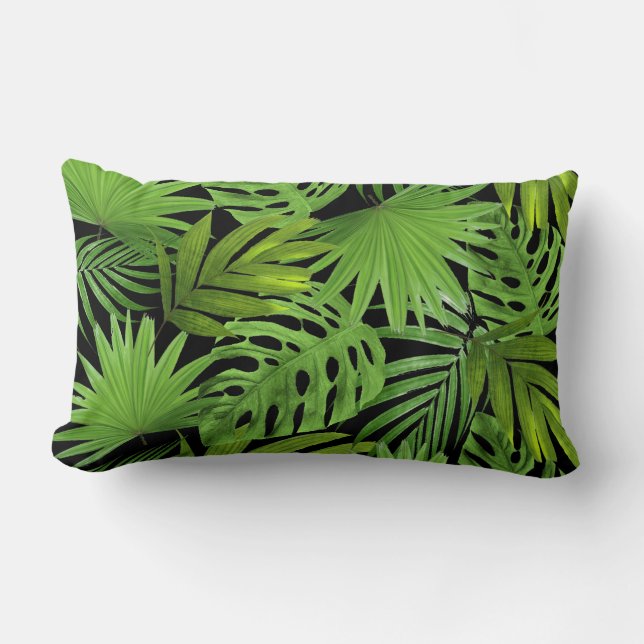 Green Palm Leaves on Black Lumbar Pillow (Front)