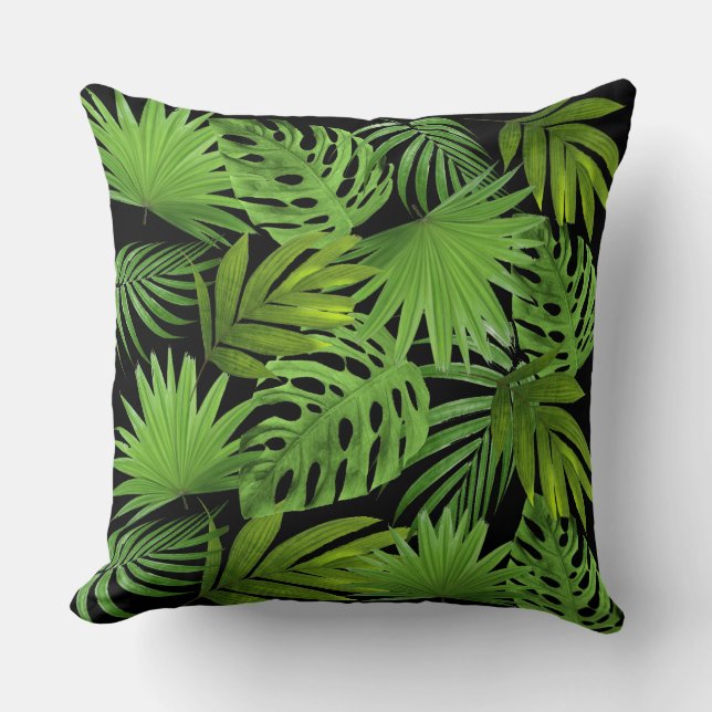 Green Palm Leaves on Black Throw Pillow (Front)