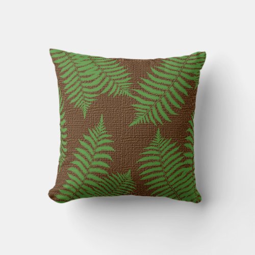 Green Palm Leaves on Brown Burlap Texture Throw Pillow