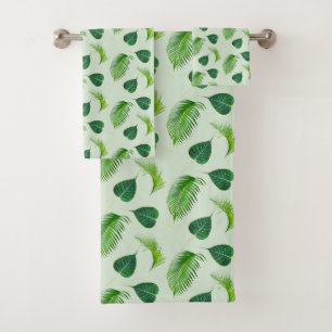 Green Palm Leaves on Light Green Bath Towel Set