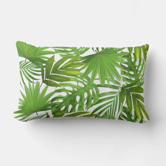 Green Palm Leaves on White  Throw Pillow (Front)