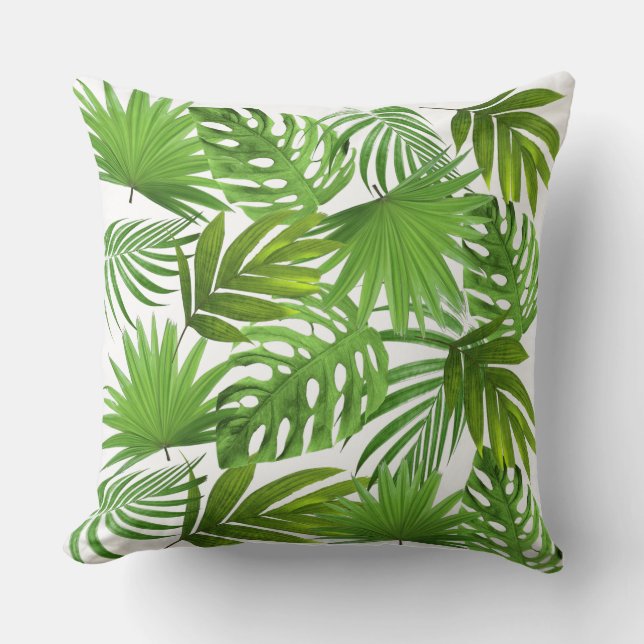 Green Palm Leaves on White  Throw Pillow (Front)