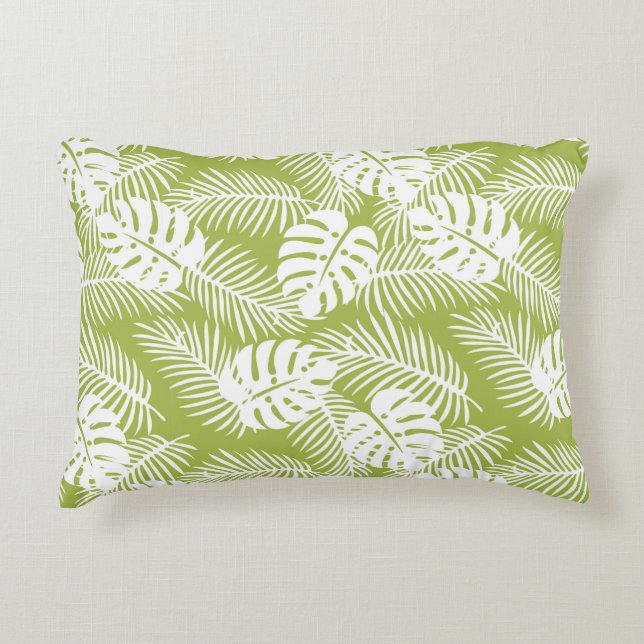 Green Palm Leaves Rainforest Pattern Accent Pillow (Front)