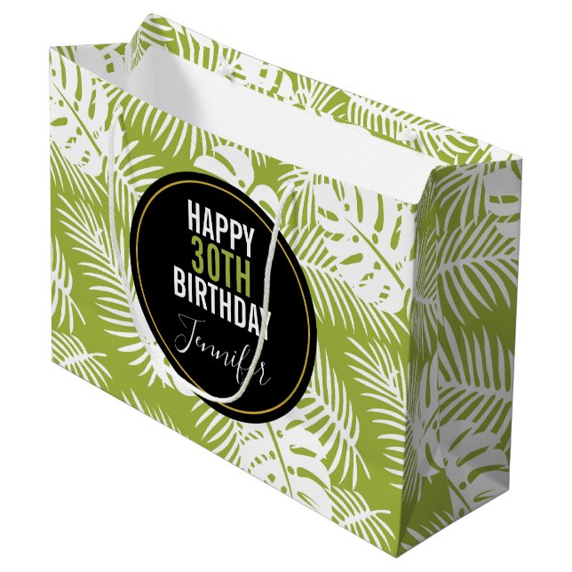 Green Palm Leaves Rainforest Pattern Birthday Large Gift Bag (Front Angled)