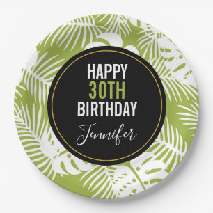 Green Palm Leaves Rainforest Pattern Birthday Paper Plates