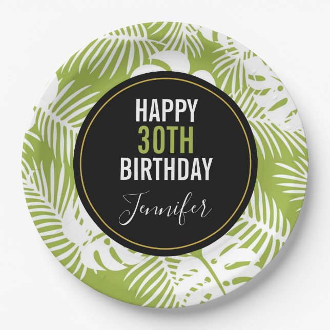 Green Palm Leaves Rainforest Pattern Birthday Paper Plates (Front)
