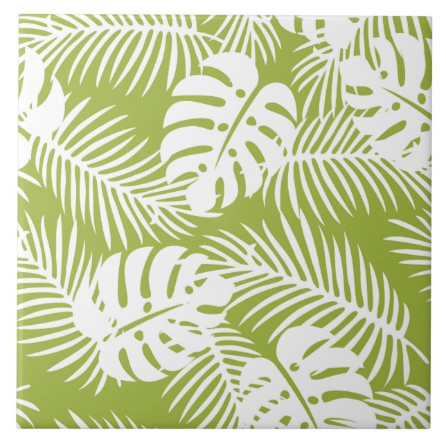 Green Palm Leaves Rainforest Pattern Ceramic Tile (Front)