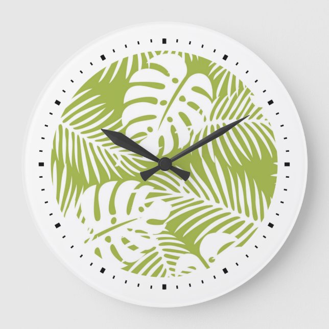 Green Palm Leaves Rainforest Pattern Large Clock (Front)