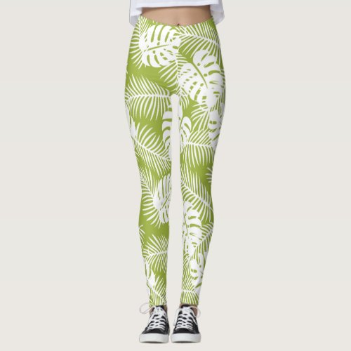 Green Palm Leaves Rainforest Pattern Leggings