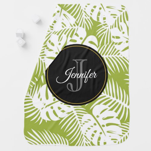 Green Palm Leaves Rainforest Pattern Monogram Baby Blanket