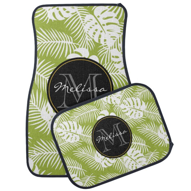 Green Palm Leaves Rainforest Pattern Monogram Car Floor Mat (Set)