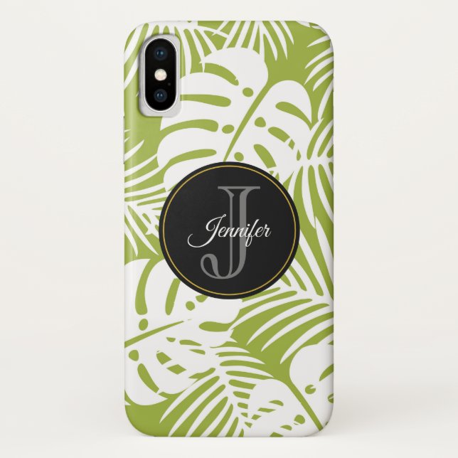 Green Palm Leaves Rainforest Pattern Monogram Case-Mate iPhone Case (Back)