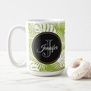 Green Palm Leaves Rainforest Pattern Monogram Coffee Mug