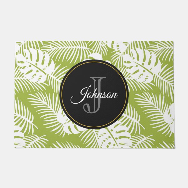 Green Palm Leaves Rainforest Pattern Monogram Doormat (Front)