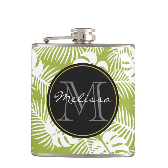 Green Palm Leaves Rainforest Pattern Monogram Flask (Front)