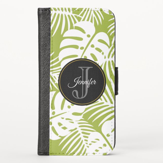 Green Palm Leaves Rainforest Pattern Monogram iPhone Wallet Case (Front)