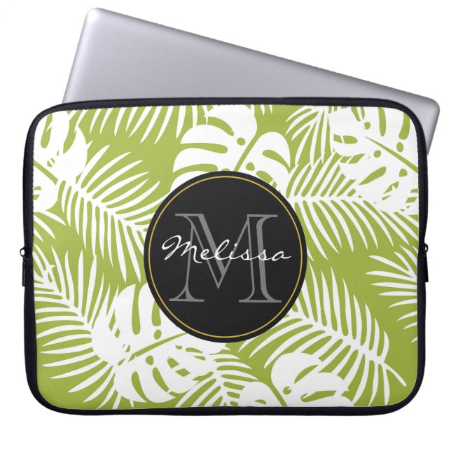 Green Palm Leaves Rainforest Pattern Monogram Laptop Sleeve (Front)