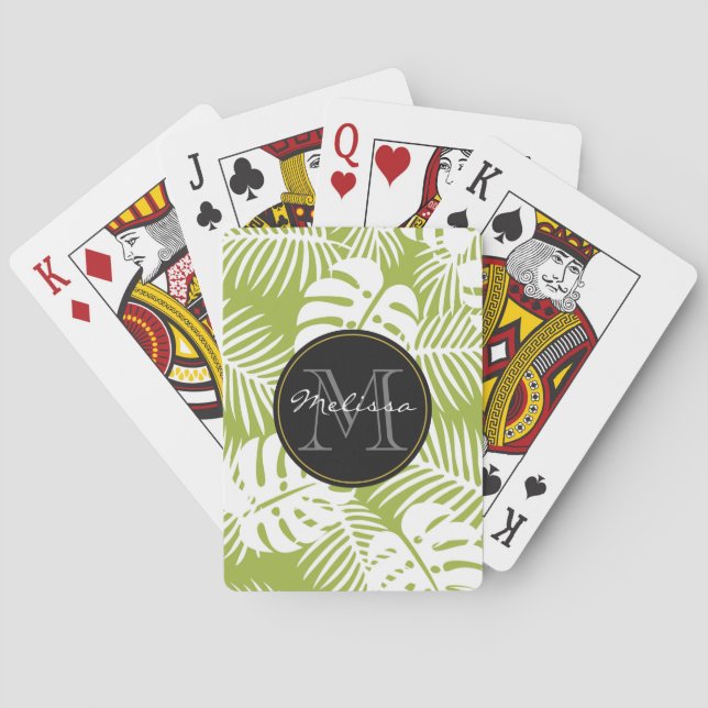 Green Palm Leaves Rainforest Pattern Monogram Poker Cards (Back)