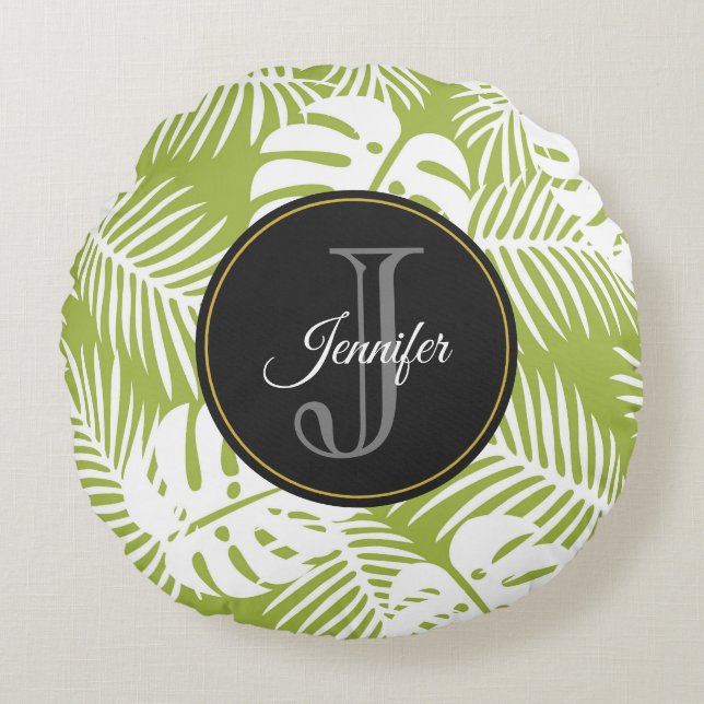 Green Palm Leaves Rainforest Pattern Monogram Round Pillow (Front)