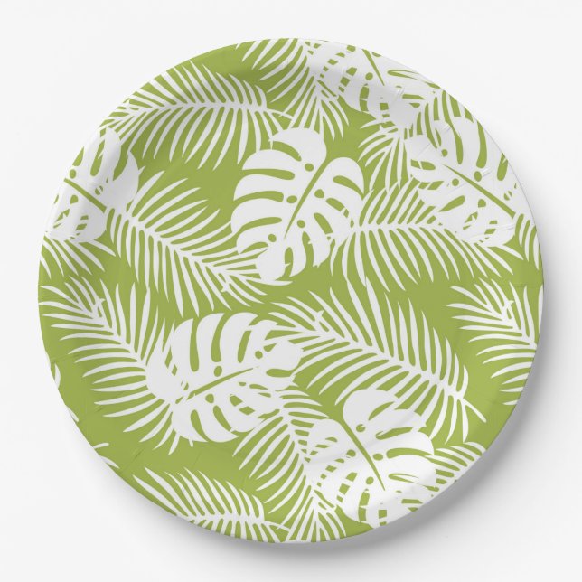 Green Palm Leaves Rainforest Pattern Paper Plates (Front)