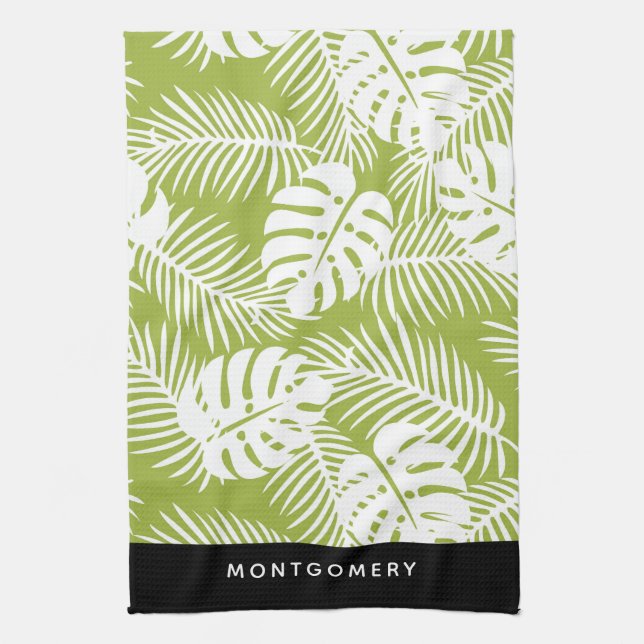 Green Palm Leaves Rainforest Pattern Personalized Kitchen Towel (Vertical)