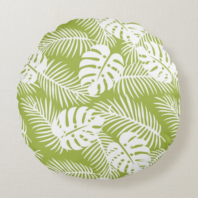 Green Palm Leaves Rainforest Pattern Round Pillow (Front)