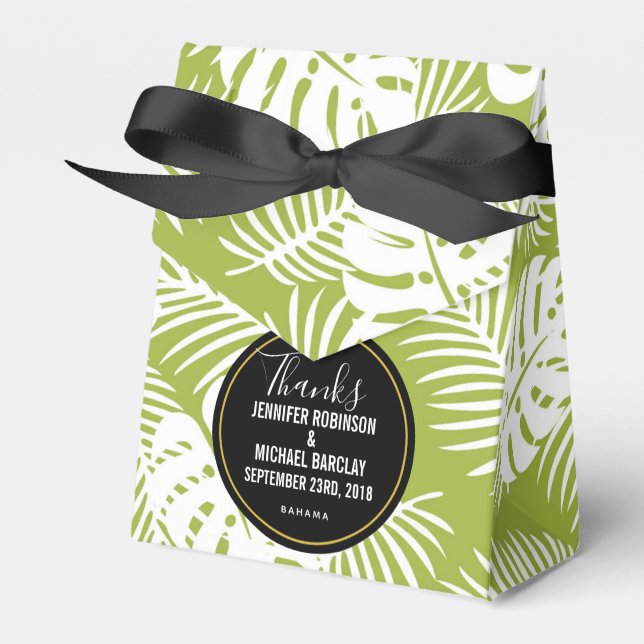 Green Palm Leaves Rainforest Pattern Wedding Favor Boxes (Front Side)