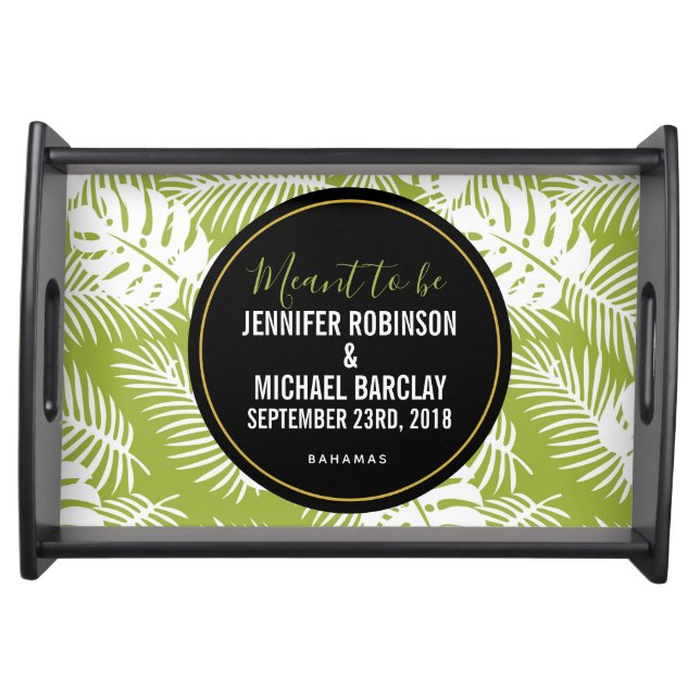 Green Palm Leaves Rainforest Pattern Wedding Serving Tray (Front)