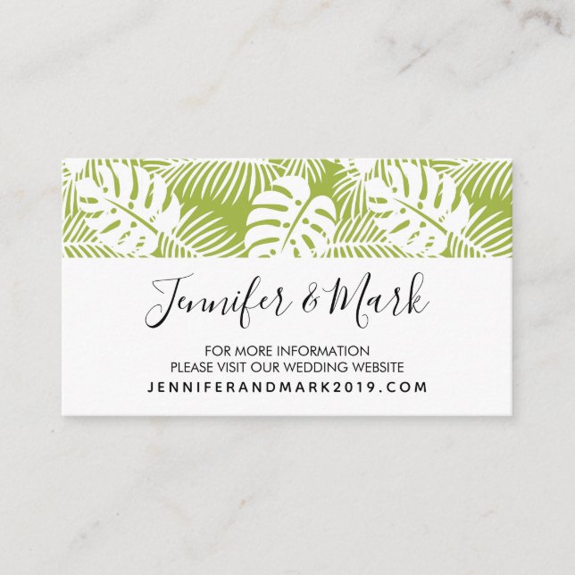 Green Palm Leaves Rainforest Wedding Website Business Card (Front)