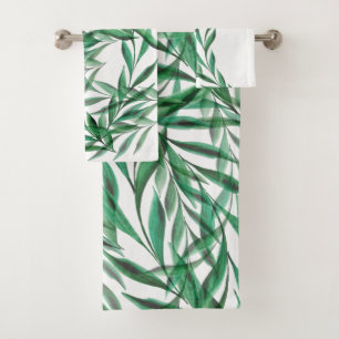 Green Palm Leaves Transparent Watercolor Bath Towel Set